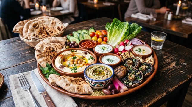 Middle Eastern mezze platter with hummus, pita bread, and fresh vegetables on rustic table