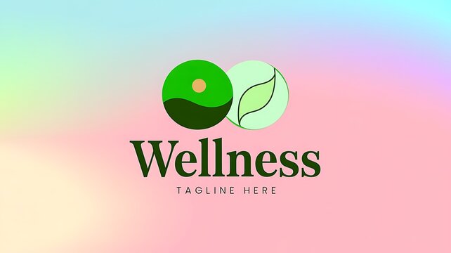 Minimalist wellness logo concept with circular nature icons of hills and leaves on soft gradient background