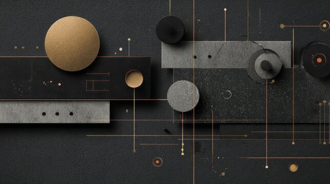 Abstract dark background with geometric graphic elements, modern minimalist composition, sophisticated black backdrop, contemporary decorative shapes, subtle visual texture, elegant luxury aesthetic, 