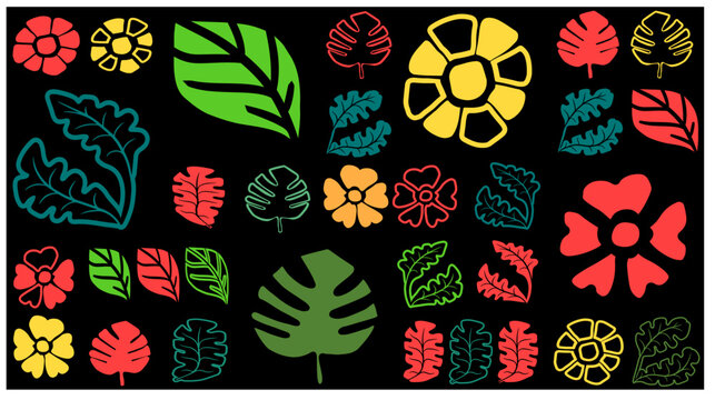 Seamless pattern of plants, leaves, and flowers on a black background.