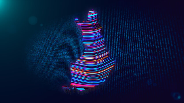 Finland map rendered as a glowing 3D form with flowing neon lines, blue particle grids, atmospheric bokeh, and vibrant illumination creating a futuristic digital technology background.