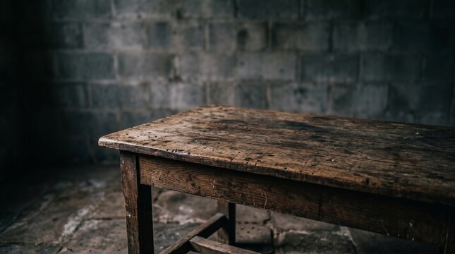 Old rustic wooden table in a dark room with a textured brick wall background