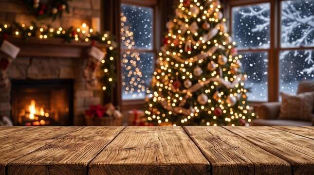 Empty rustic wooden table with blurred Christmas tree and fireplace in cozy home interior