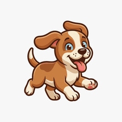 Cartoon brown and white puppy vector illustration featuring a happy dog with large blue eyes, floppy ears, and tongue out walking on a white background.