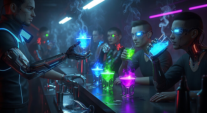 Cyberpunk Bar Scene with Cyborgs Enjoying Glowing Cocktails