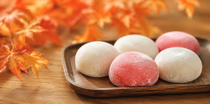 Delicious Traditional Japanese Mochi Rice Cakes on Wooden Tray