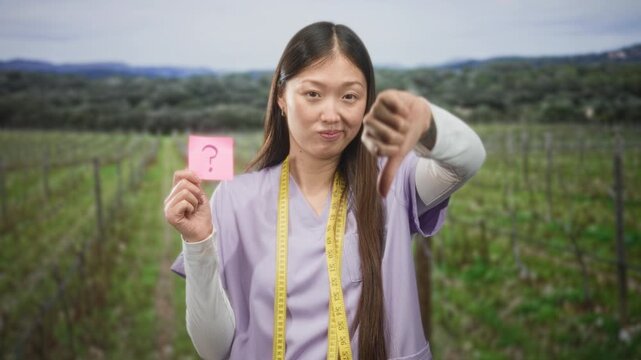 Woman dietician in scrubs holds pink sticky note with question mark and measuring tape, gives thumbs down gesture in forest; uncertainty questioning.