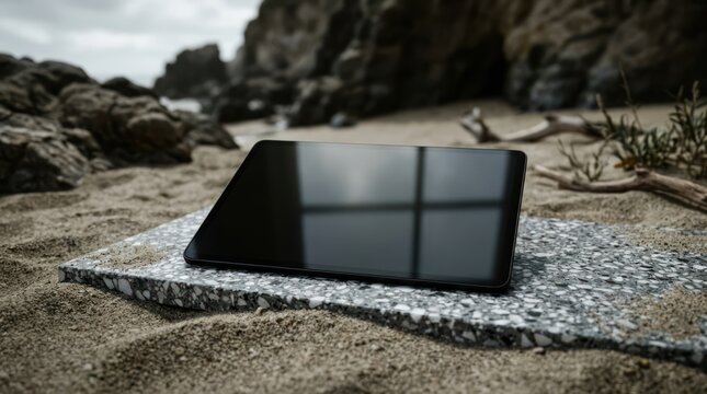 Digital tablet on stone slab at the beach