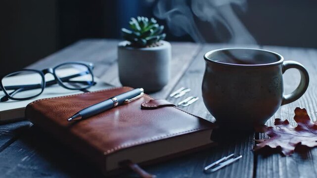 Cozy desk setup with steaming cup of tea, leather journal, pen, glasses, and succulent plant, warm autumn mood