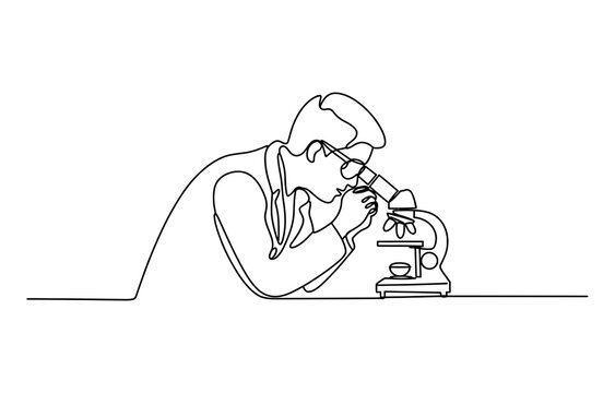 Continuous single line drawing of a scientist looking into a microscope