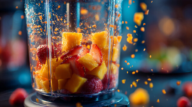 Vibrant blender mixing fresh diced mango and strawberry slices in a dynamic splash of colorful fruit