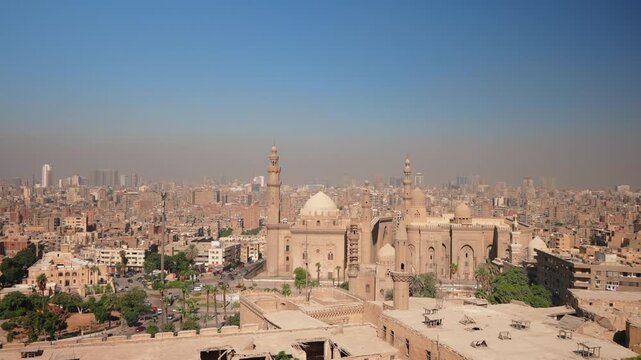 Wide Aerial View of Sultan Hassan Mosque and Al-Rifai Mosque Complex from Saladin Citadel