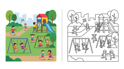 Naklejka premium Children Playing on Playground Equipment, Swings and Slide, Summer Fun