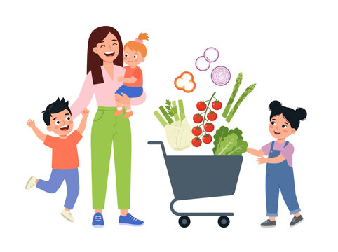 Happy Mother and Children with Shopping Cart Full of Fresh Vegetables Vector Illustration