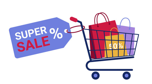 Super Sale Illustration with Shopping Cart and Colorful Bags on White Background
