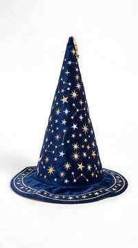 Pointed wizard hat decorated with stars and moons on white background halloween sorcerer celestial accessory mystical clothing