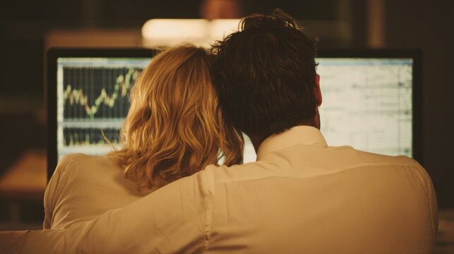 Couple looking at financial data on computer screen together