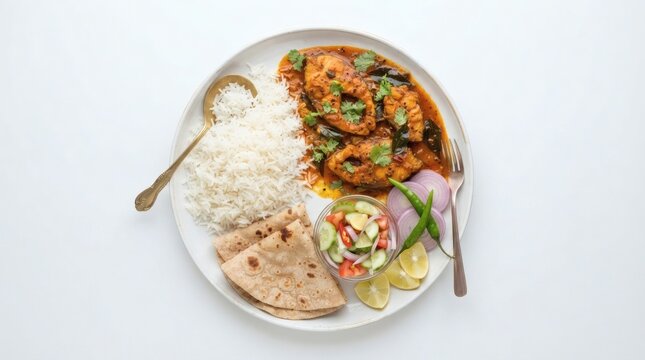 Top Down Flat Lay Traditional Indian Fish Curry Tender Fish Rich Red Coconut Spice Gravy Rice

