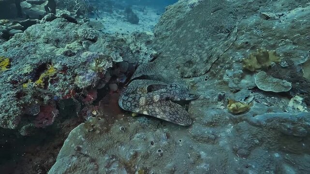 A circular tracking shot follows a camouflaged wobbegong shark resting on a coral reef in Raja Ampat, revealing its flattened body and cryptic pattern.