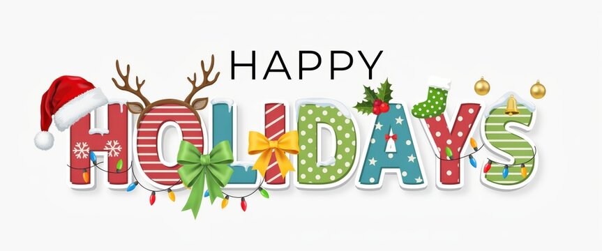 Happy holidays text with festive decorations isolated on white background