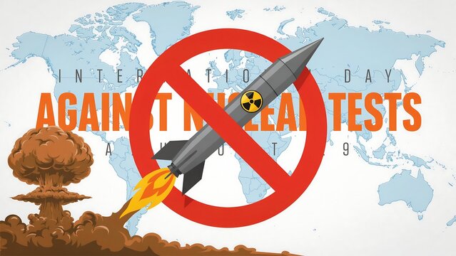 International day against nuclear tests missile warning graphic with explosion security military radioactive