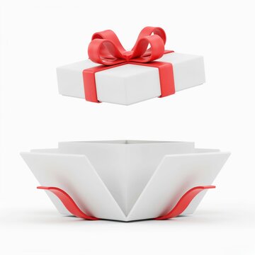 Open white gift box with red ribbon isolated on white background