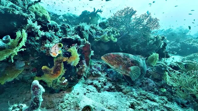 A spotted grouper swims close to the reef, inspecting coral cavities for hidden prey among the rich marine life of Raja Ampat.