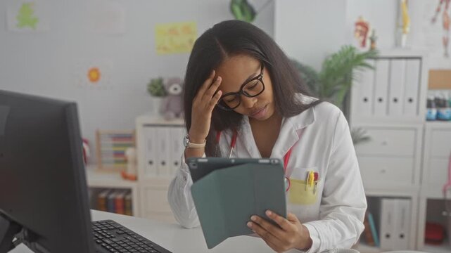 Woman doctor holding tablet with hand to forehead while reading notes at a pediatric clinic desk with stethoscope visible; concern.