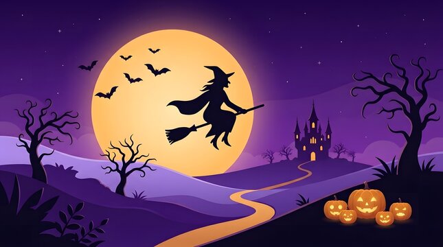A spooky halloween witch flying night scene background featuring a large full moon silhouette castle and glowing carved jack o lanterns