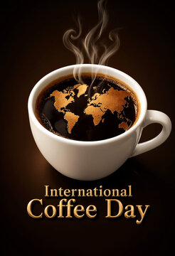 Hot steaming coffee cup with world map design celebrating international coffee day in style
