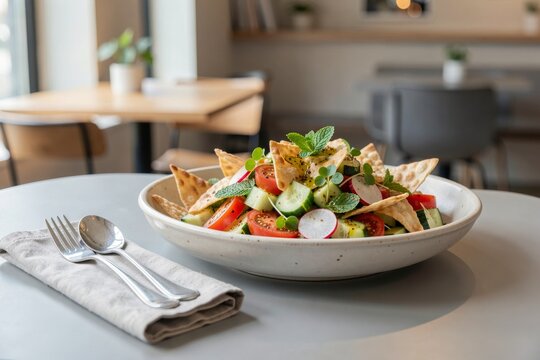 Fattoush salad with fresh cucumbers, tomatoes, radishes, mint leaves served in white bowl. Concept of salad with pita cucumber tomato herbs in modern cafe setting.