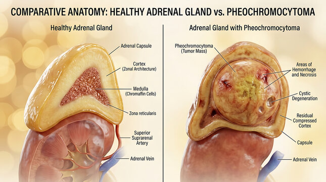 Healthy Adrenal Gland Versus Pheochromocytoma Medullary Tumor and Hemorrhage