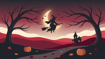 Fototapeta premium A spooky halloween witch flying night scene backround featuring a crescent moon dark trees pumpkins and a haunted house silhouette