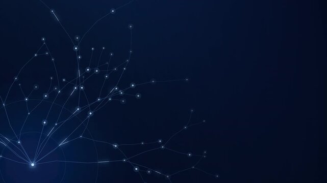 Blue cybernetic network tree branching from bottom left with dark copy space