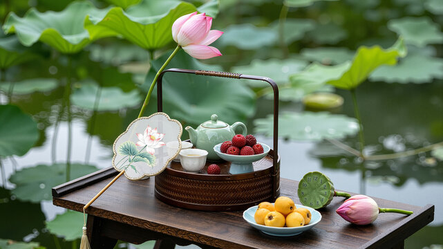 Chinese-style tea break by the lotus pond