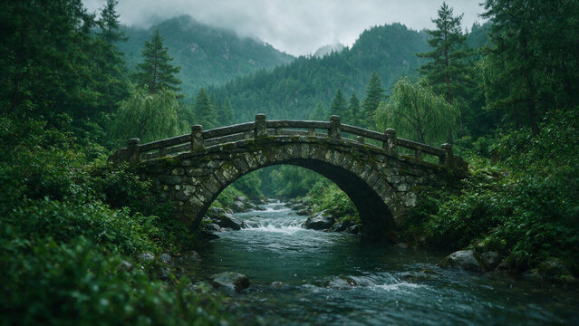 Old stone bridge over a mountain stream in soft rain with deep greens, cinematic muted grade and a quiet mood