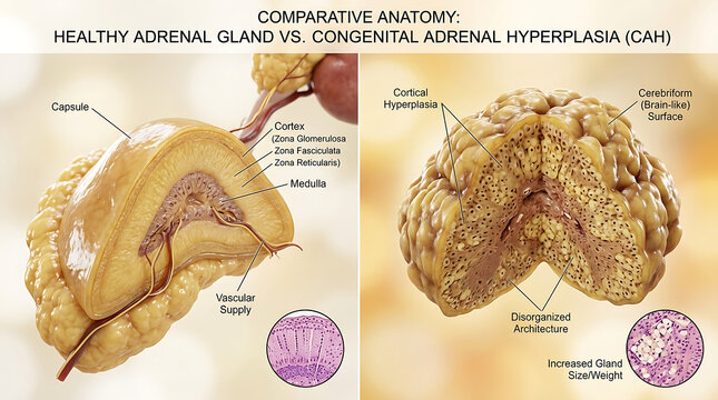 Healthy Adrenal Gland Versus Addison's Disease Atrophy and Fibrosis