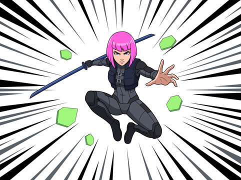 Anime Ninja Girl with Katana and Pink Hair in Action Pose