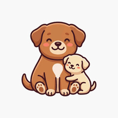 Fototapeta premium Flat vector illustration of a large brown dog sitting and a small cream puppy hugging it. Minimalist cartoon style with happy facial expressions and pink cheeks on white background.