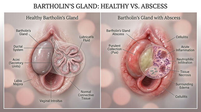 Healthy Bartholin's Gland Versus Bartholin's Abscess Fluctuant Mass and Purulent Exudate