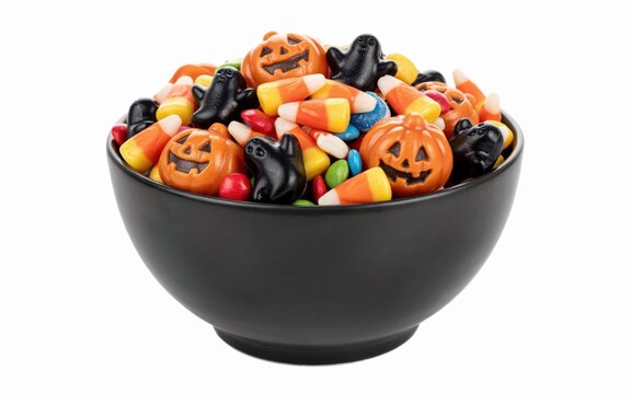 Bowl of halloween candy isolated on white background
