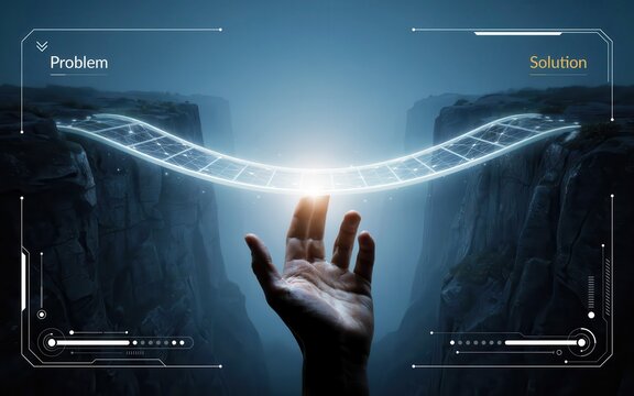 Digital bridge connecting two cliffs with human hand