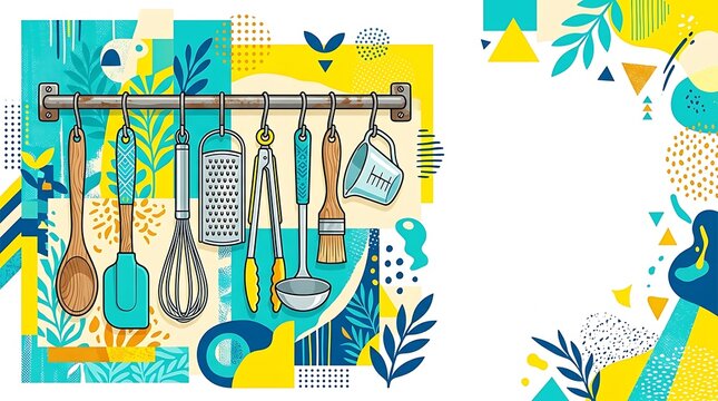 Kitchen utensils hanging on a rack with colorful abstract background
