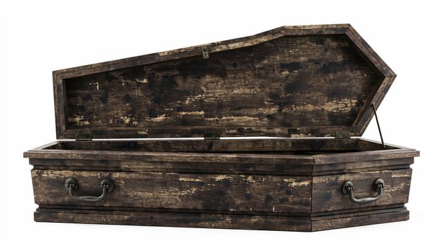 Old wooden coffin with metal handles isolated on white background
