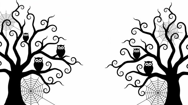 Spooky halloween trees with owls and spider webs isolated on white background