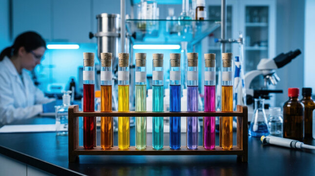 Colorful liquids in blank labeled test tubes inside a modern laboratory with a scientist working in the background representing clinical chemistry research, innovative medical science