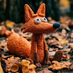 Naklejka premium A clay fox sits among fallen leaves in a forest, displaying unique textures and colors. The scene shows handmade artistry in detail.