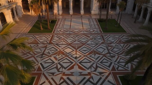 Historic palace architecture and tiled paths in Real Alcazar garden