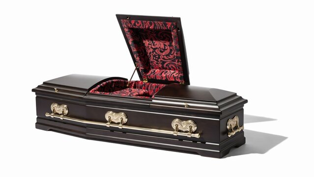 Wooden casket with red patterned interior isolated on white background