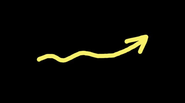 Hand drawn animated yellow growth arrow moving up on black background, 4k stock video